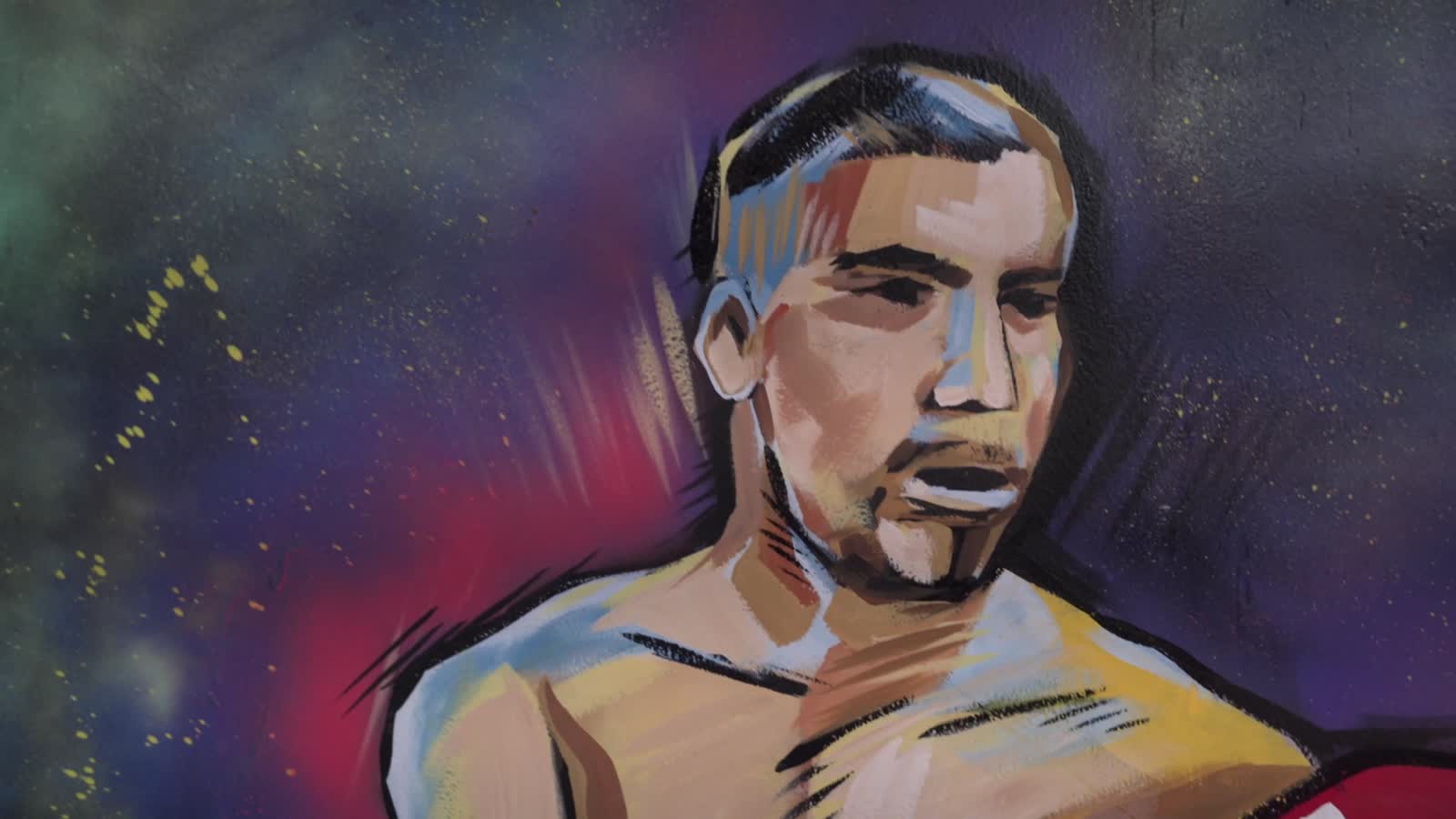 Painted boxer mural inside Donis Boxing Gym